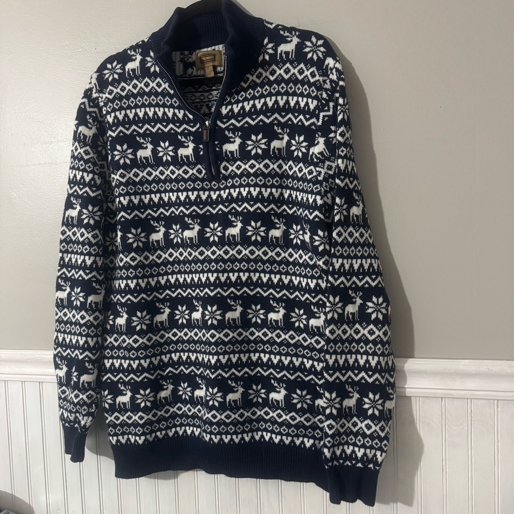The Foundry Supply Co 1/4 Zip Sweater Deer & Snowflake Navy & White Men’s LT - Picture 2 of 8